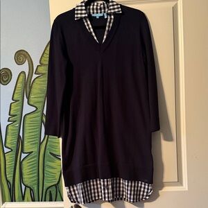 Draper James Navy V-Neck Sweater Dress with Checkered Collar